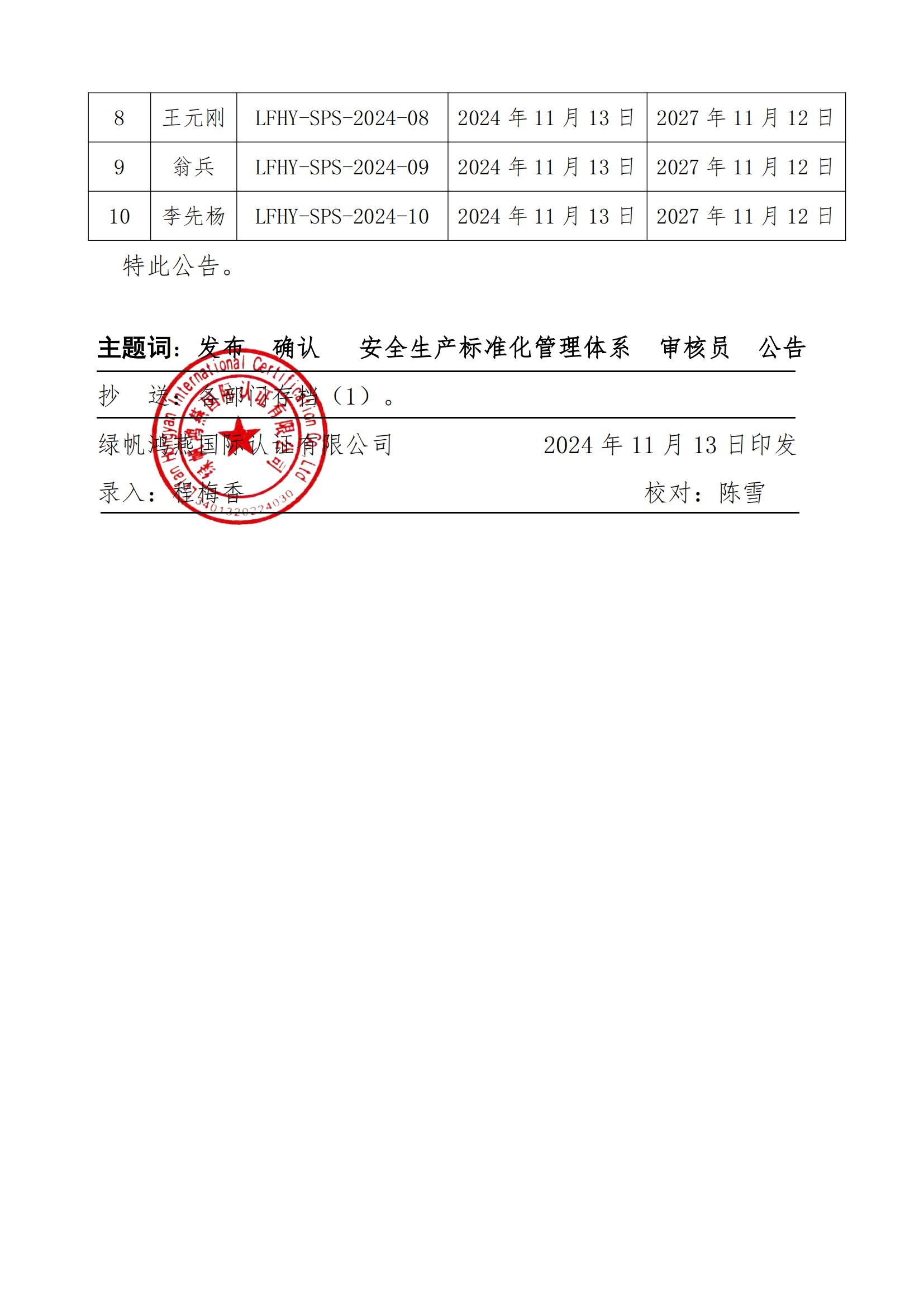 06==关于发布绿帆鸿燕国际认证有限公司第一批安全生产标准化管理体系审核员名单的公告20241113_01
