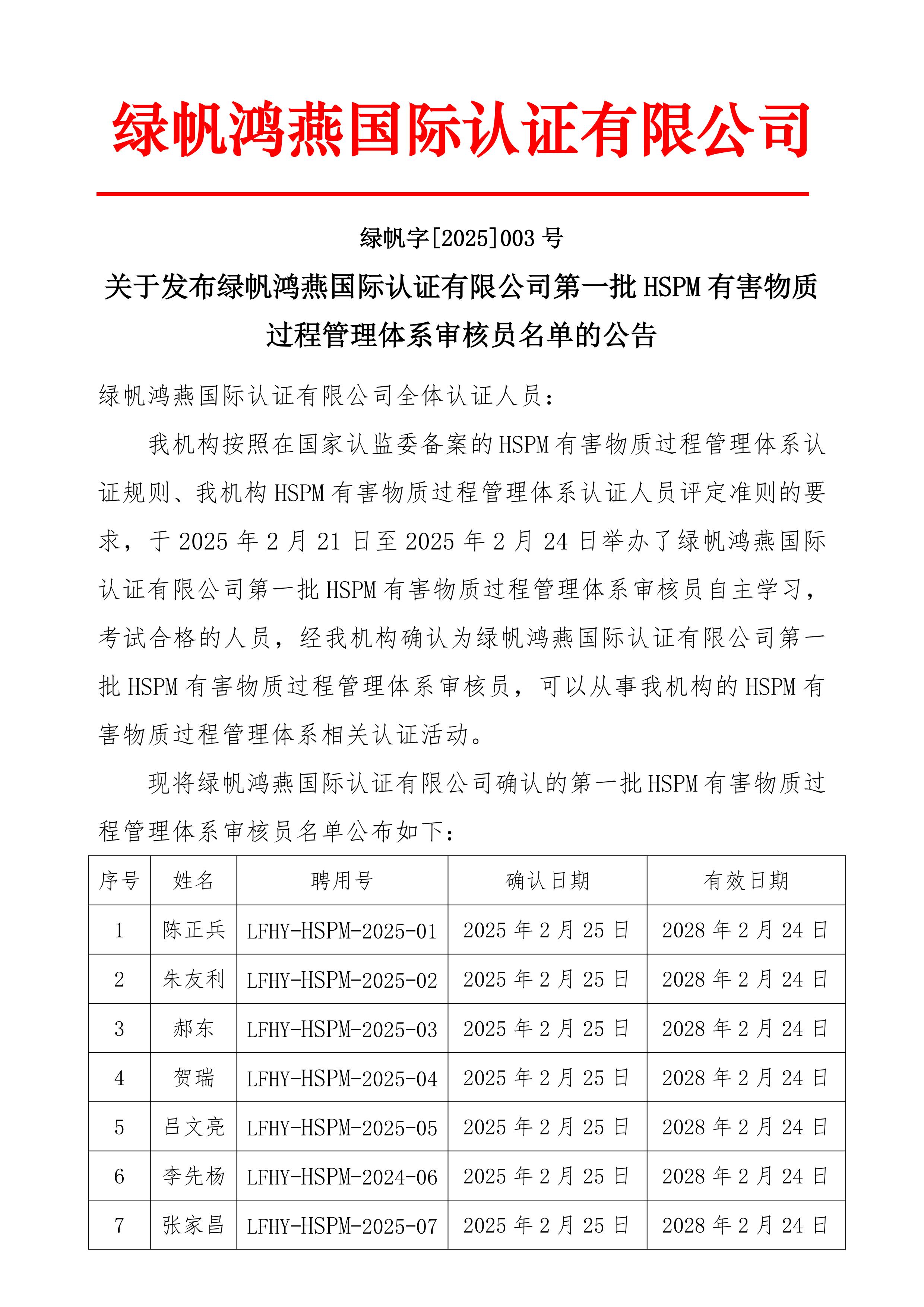 06==关于发布绿帆鸿燕国际认证有限公司第一批HSPM有害物质过程管理体系认证审核员名单的公告20250225_00